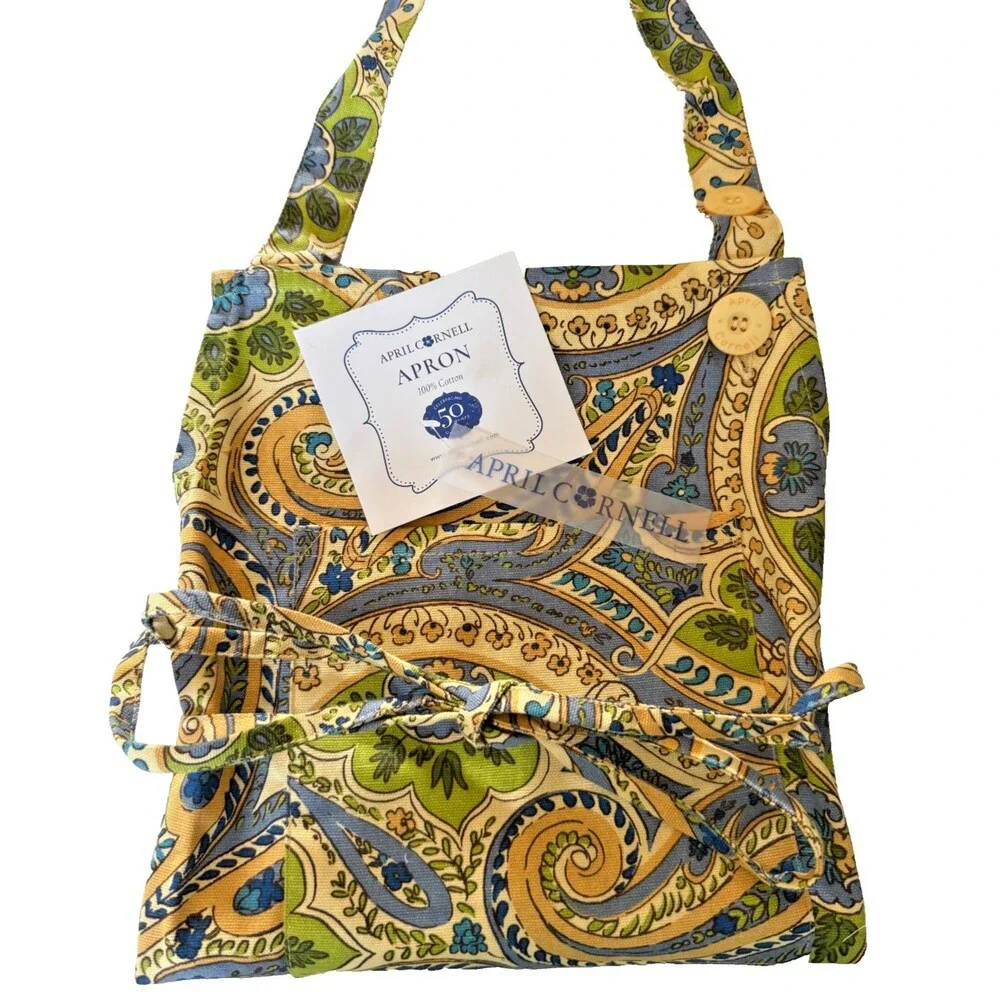 April Cornell Apron Paisley Blue Beige Green French Country Spring 100% Cotton